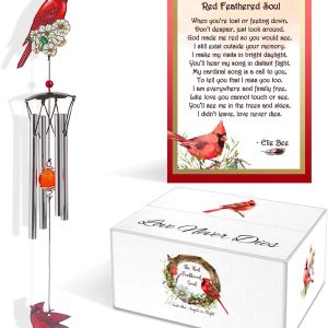 Lola Bella Gifts and Spoontiques Cardinal Wind Chime and Red Feathered Soul Poem Card Red Box Sympathy Grief Memorial Gift