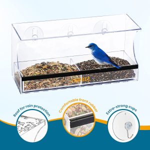 Window Bird Feeder – Clear Acrylic Outdoor Bird Feeder with Removeable Tray – Drain Holes for Rain + Comfort Rubber Perch – with 3 Strong Suction Cups