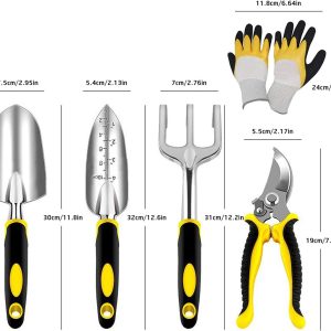 AGAKY Garden Tool Set 5 Piece Aluminum Gardening Tools Kit with Gloves, Pruning Shear, Rake, Shovel & Trowel Heavy Duty Indoor and Outdoor Hand Planting Kit Gardening Gifts for Women & Men, Yellow