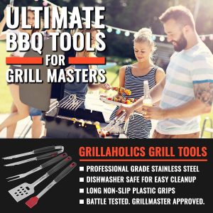 Grillaholics BBQ Tools Set – 4-Piece BBQ Grill Tools Kit – Heavy Duty Stainless-Steel Barbecue Grilling Utensils – Premium BBQ Accessories for Barbecue – Spatula, Tongs, Fork, and Basting Brush